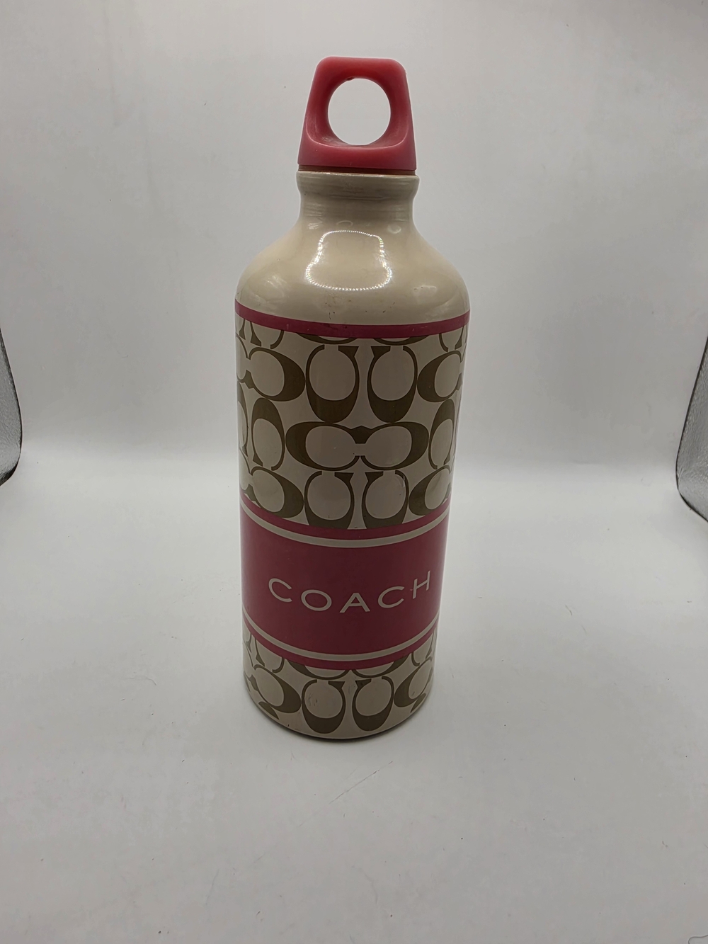 Vintage Coach Pink & Beige Signature Print Aluminum Water Bottle